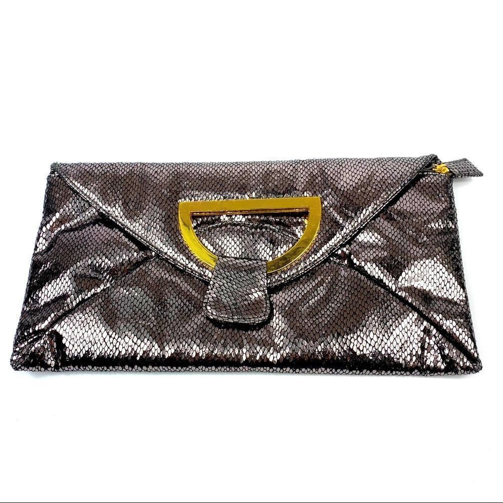 Big Buddha metallic snakeskin fabric clutch bag